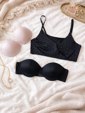 3 Bra Bundle Joe Free Star Bralette XL, Nude Insert 4XL, Strapless Black Bra 40C